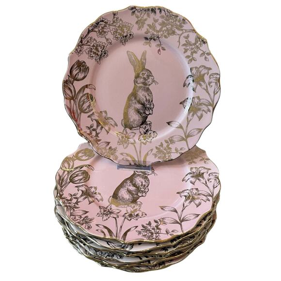 222 Fifth Pink Gold Bunny Hill Rabbit Porcelain Dinner Plates Easter Set of 8 - Picture 1 of 16